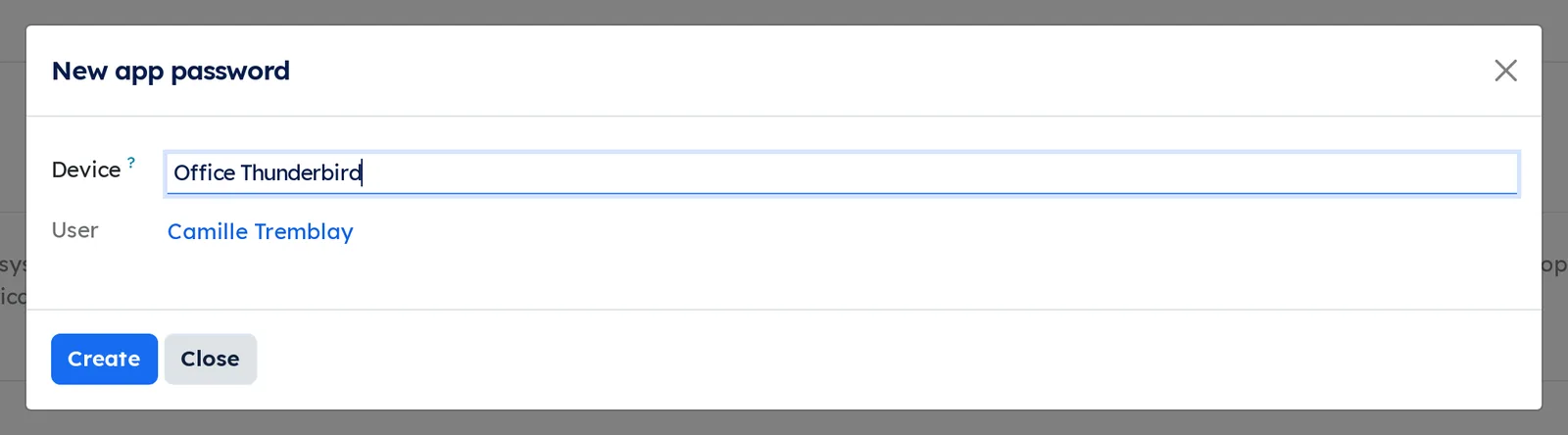 New app password dialog before creation: the Device field filled in with "Office Thunderbird"
