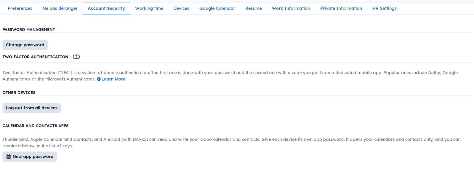 Account Security tab: the Calendar and contacts apps section and its New app password button