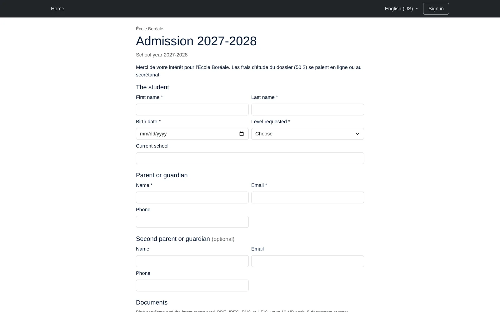 École Boréale's 2027-2028 public admission form: the student, one or two parents, then the documents