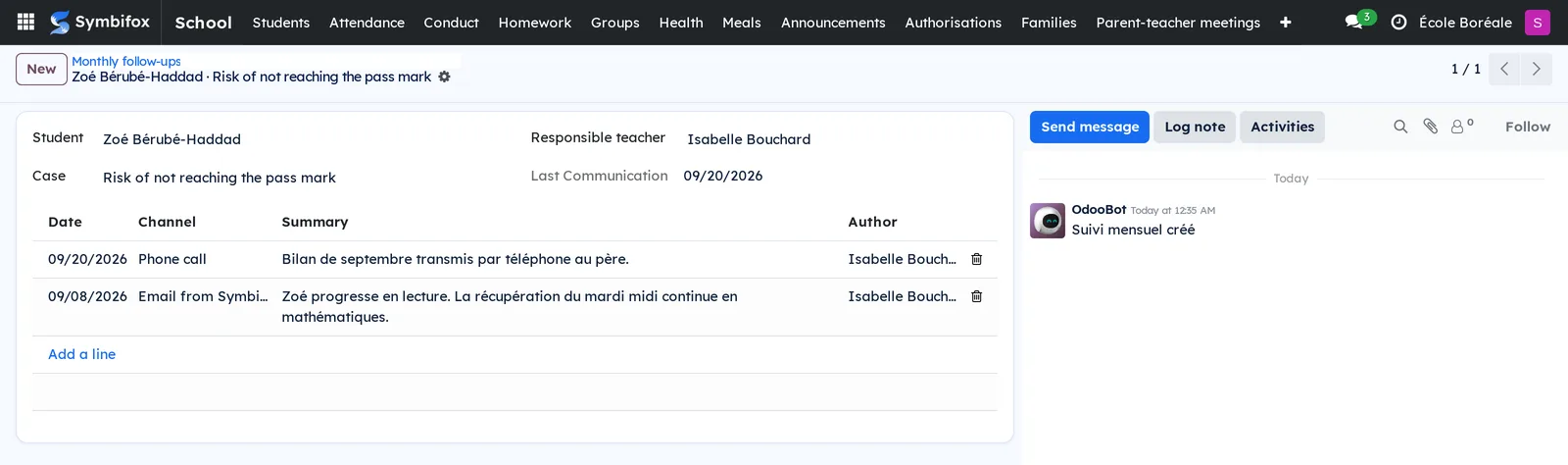 Zoé Bérubé-Haddad's monthly follow-up: risk of failing, the responsible teacher, and two communications to the parents, by phone and by email