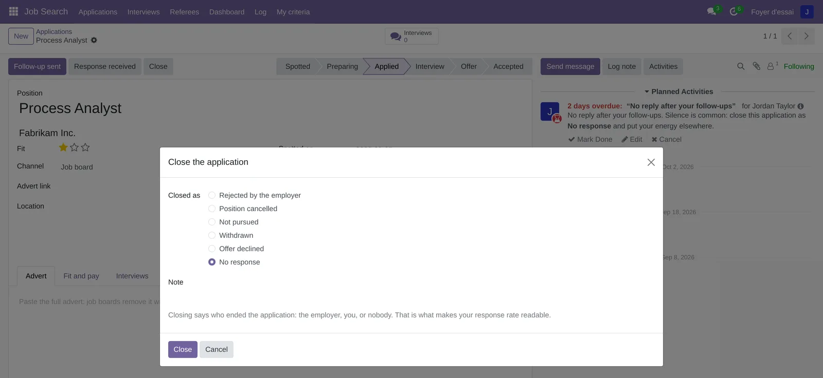 Close the application dialog: six ways to close, No response chosen, a note and the Close button
