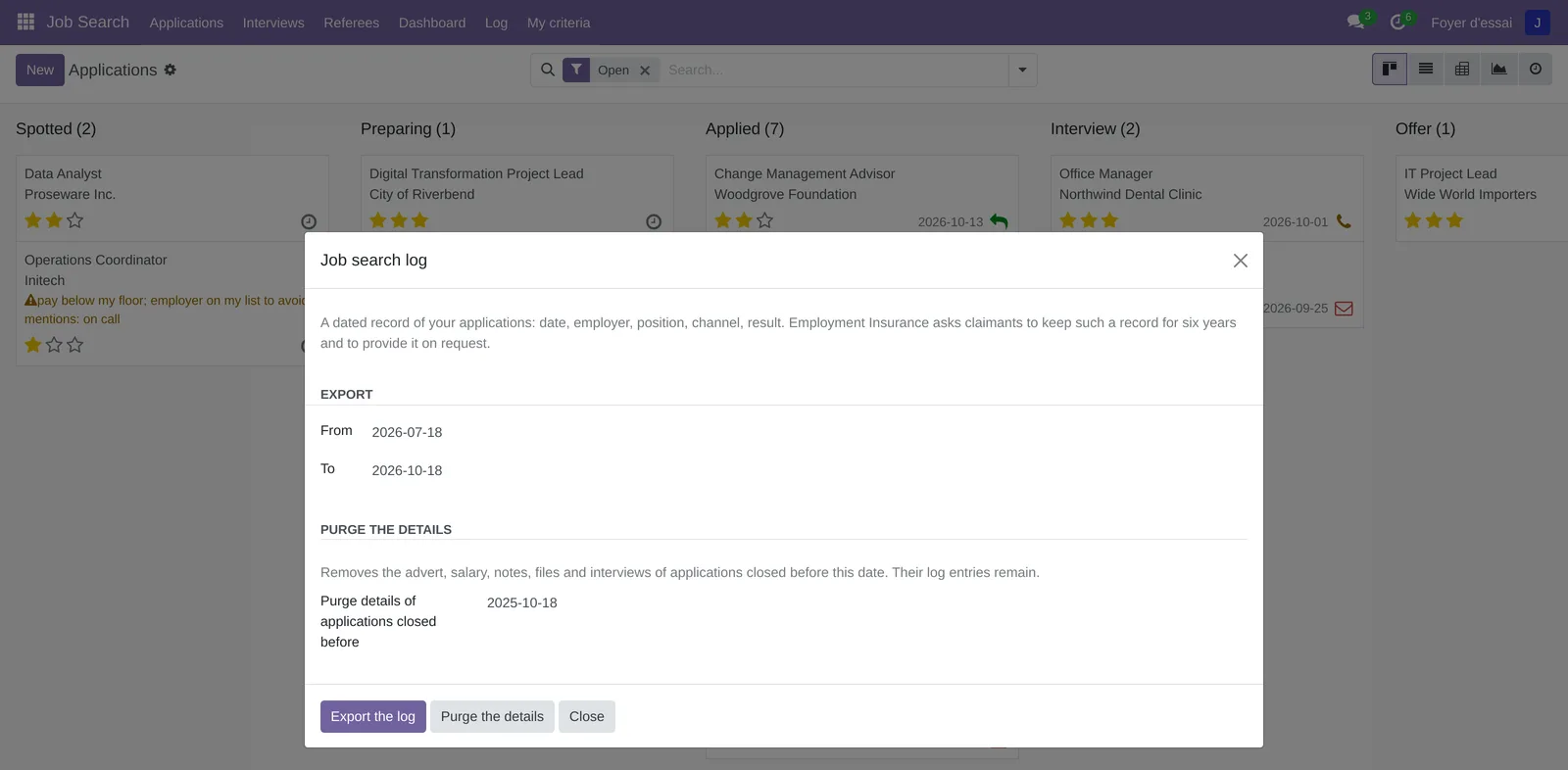 Job search log dialog: period to export, purge of the details, and the Export the log and Purge the details buttons