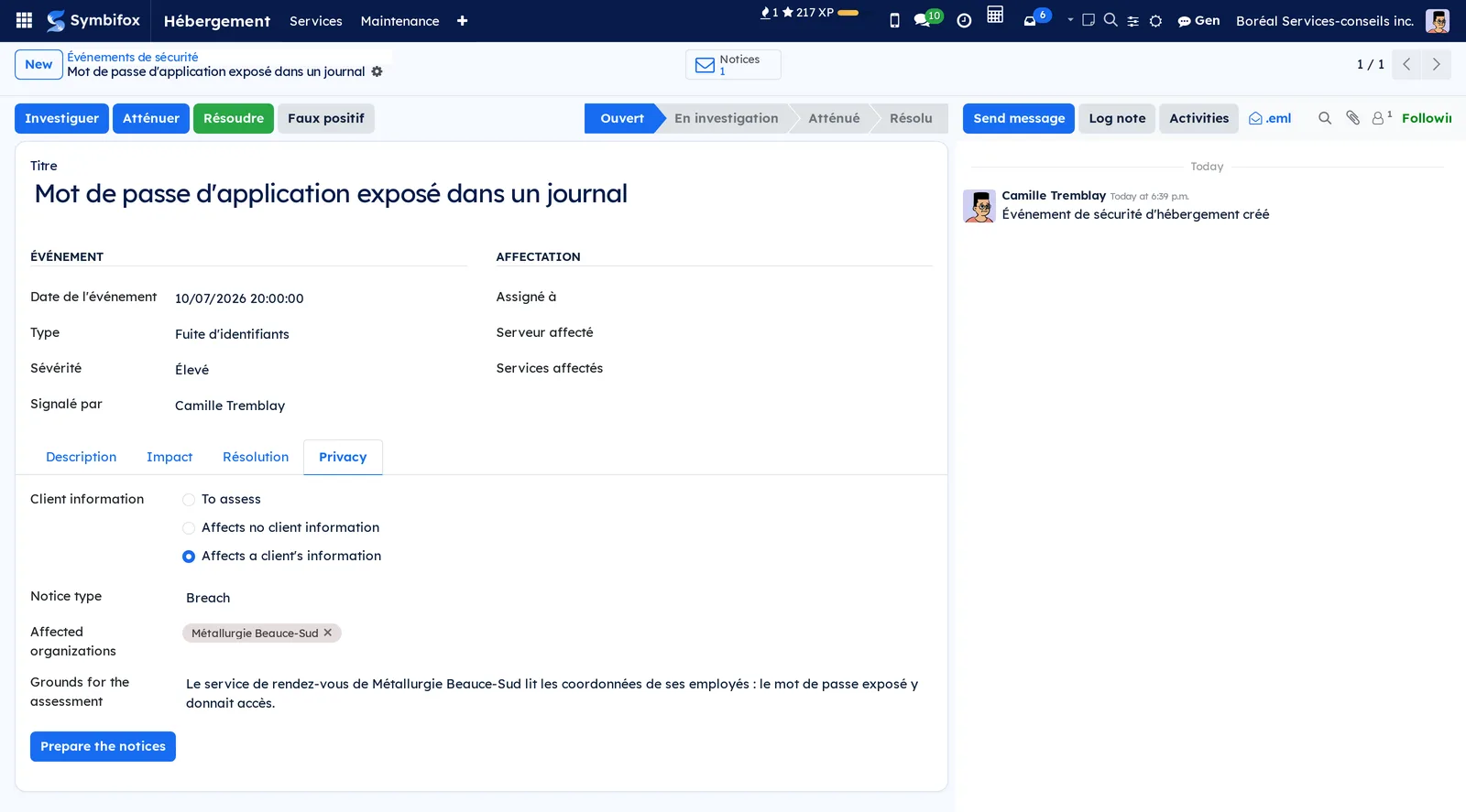 Privacy tab of a security event: affects a client's information, notice type Breach, Métallurgie Beauce-Sud affected, grounds and the Prepare the notices button