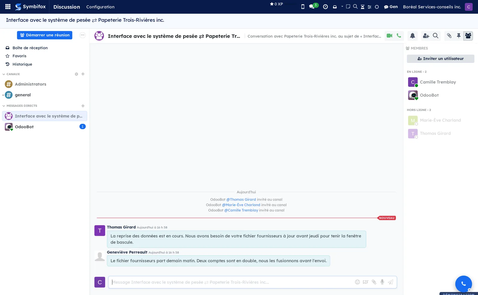 Discussion channel of a federated object: messages from both sides, the member column, and the title naming the object and the partner