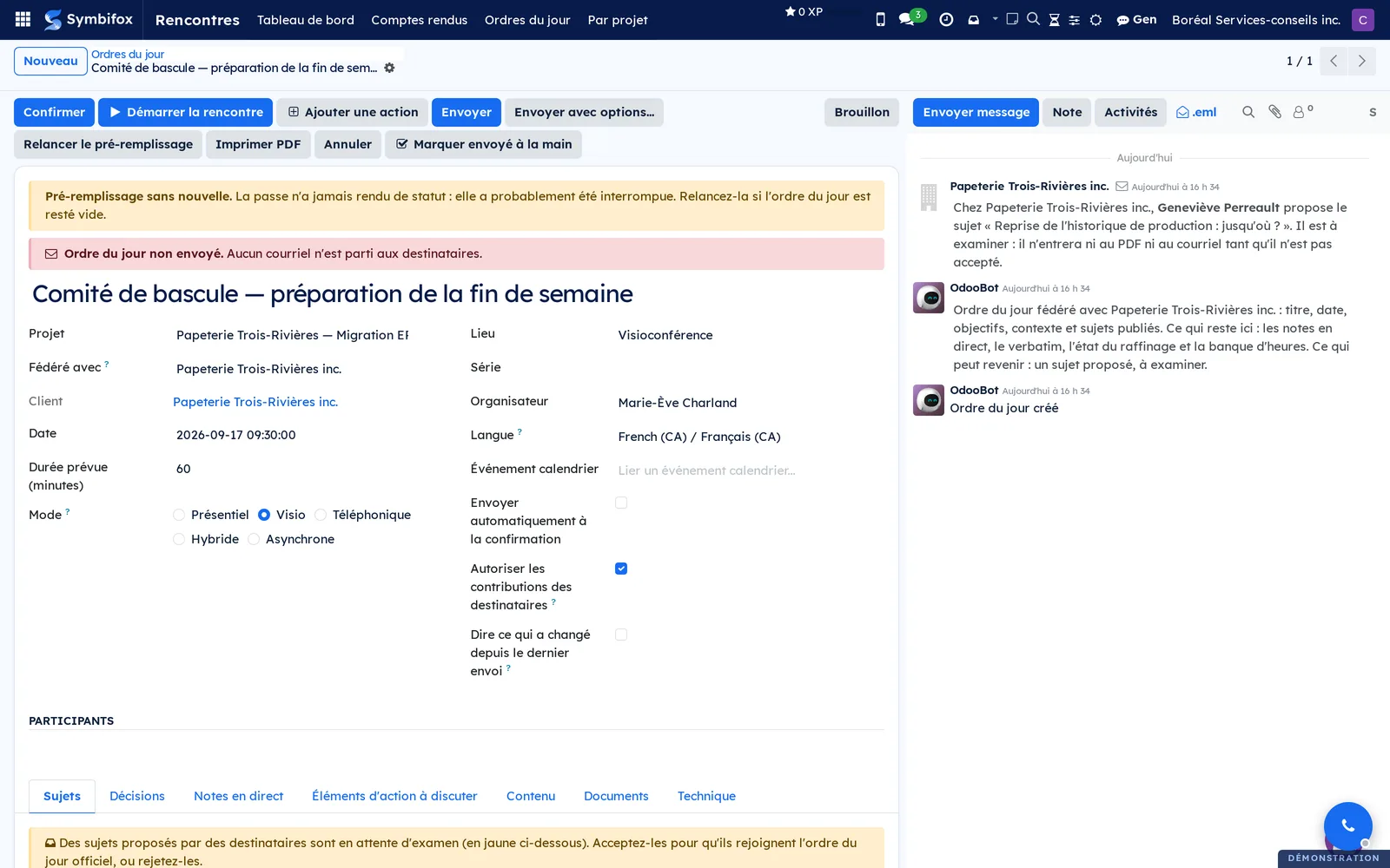 Federated agenda: a banner announces topics proposed and awaiting review, and the message thread names the topic and who proposed it