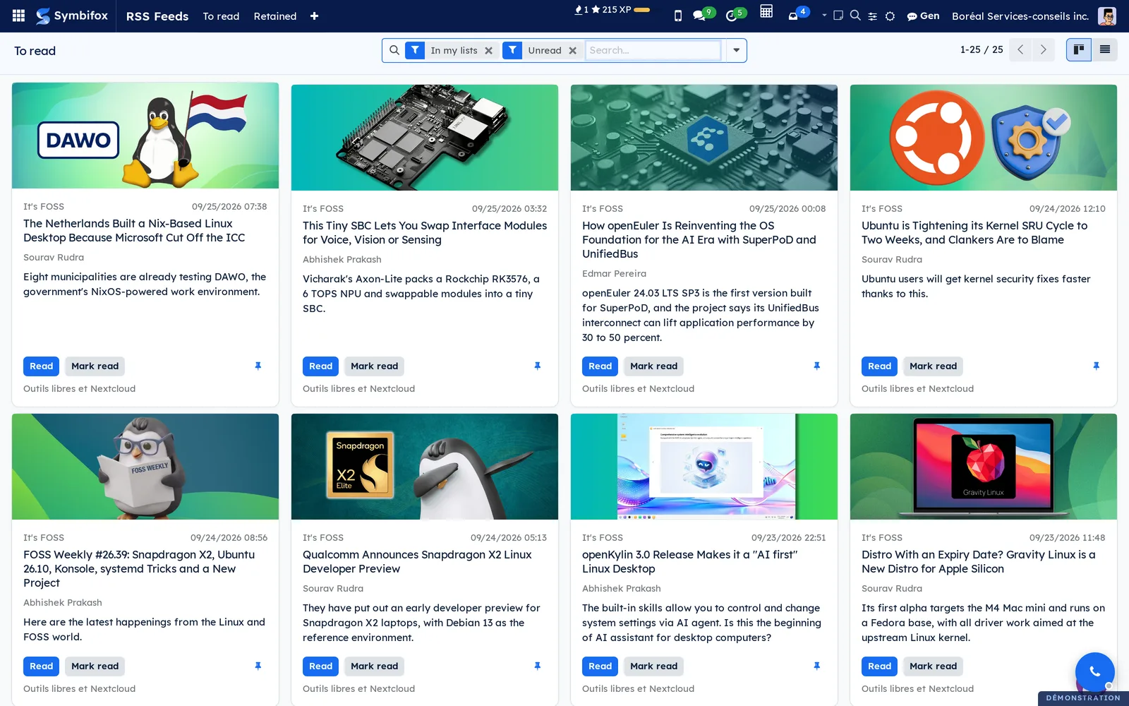 À lire as cards: news from the Outils libres et Nextcloud list with image, source, date, title, summary and the Lire and Marquer lu buttons