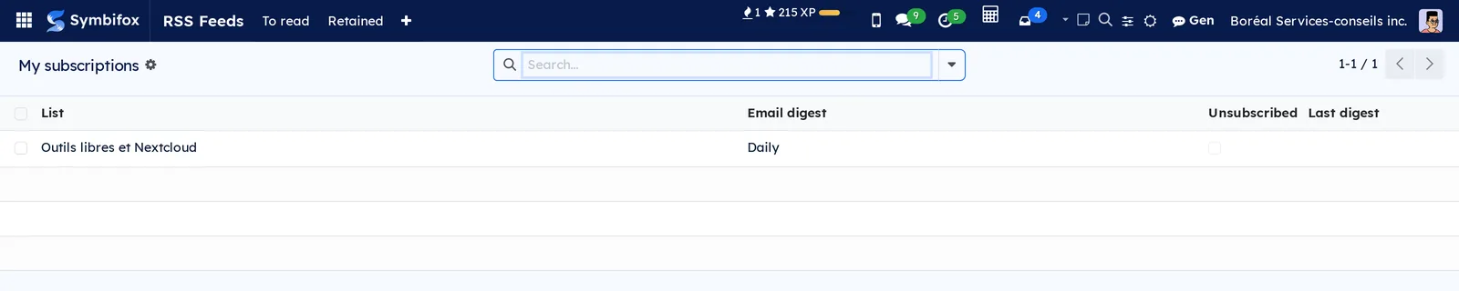 Mes abonnements: one row per list with the digest frequency, the Désabonné box and the date of the last digest