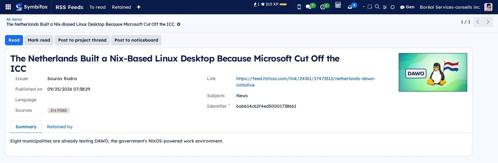 Item form: Lire, Marquer lu, Poser au fil du projet and Publier au babillard buttons, image, issuer, date, link and summary