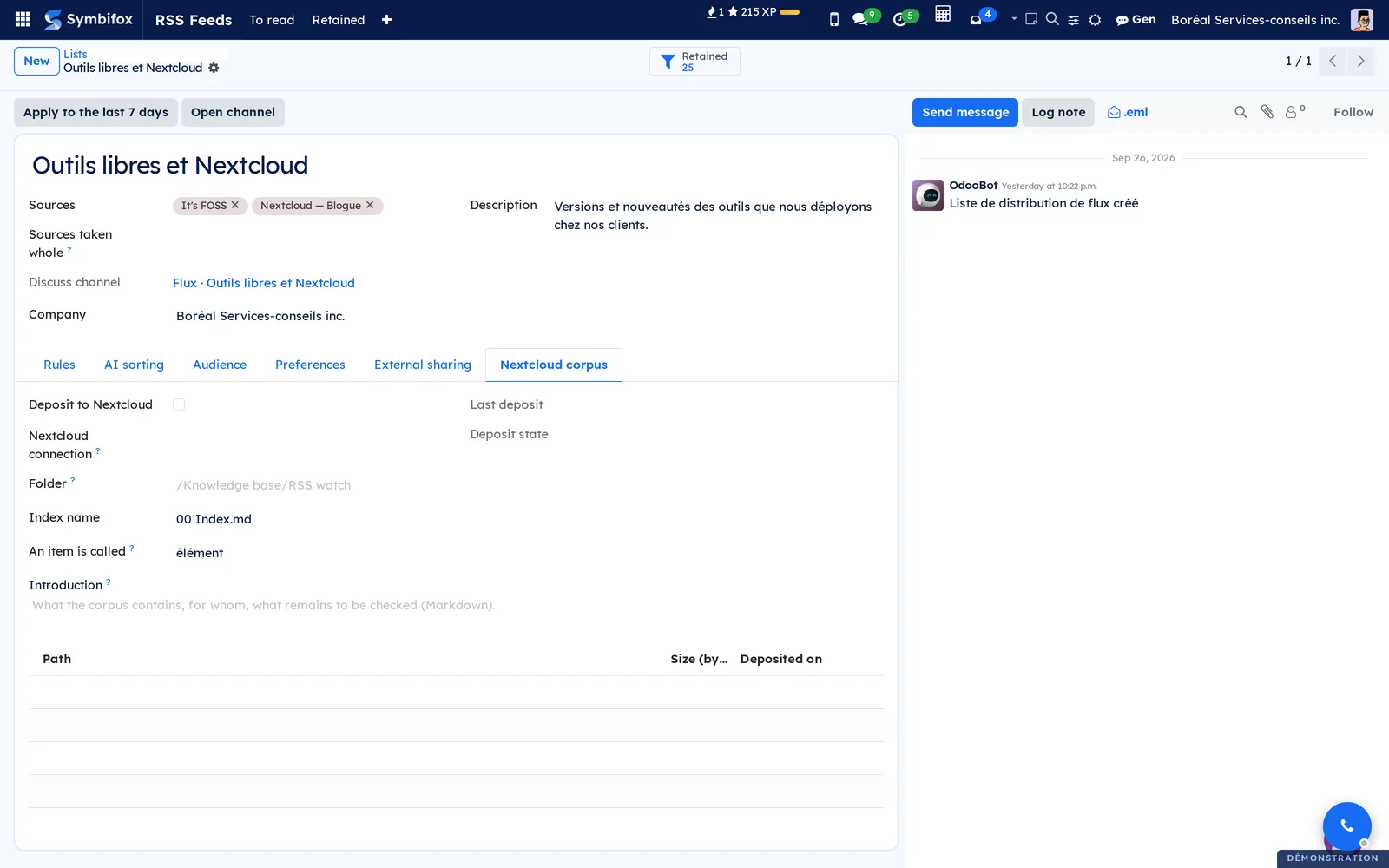 Corpus Nextcloud tab of the Outils libres et Nextcloud list: connection, folder, index name and introduction