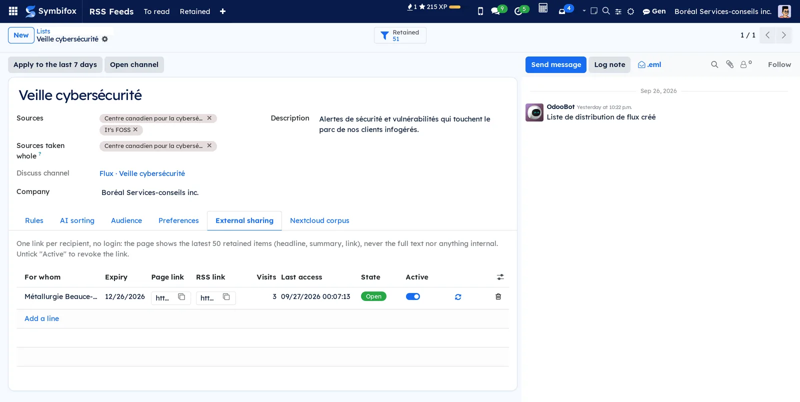 Partage externe tab: one link per recipient with expiry, page and RSS links, visits, state and the Actif switch