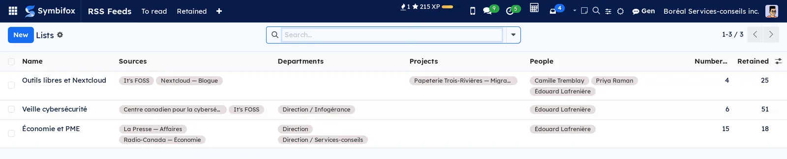 Boréal's feed lists: sources, departments, projects, people, members and retained items