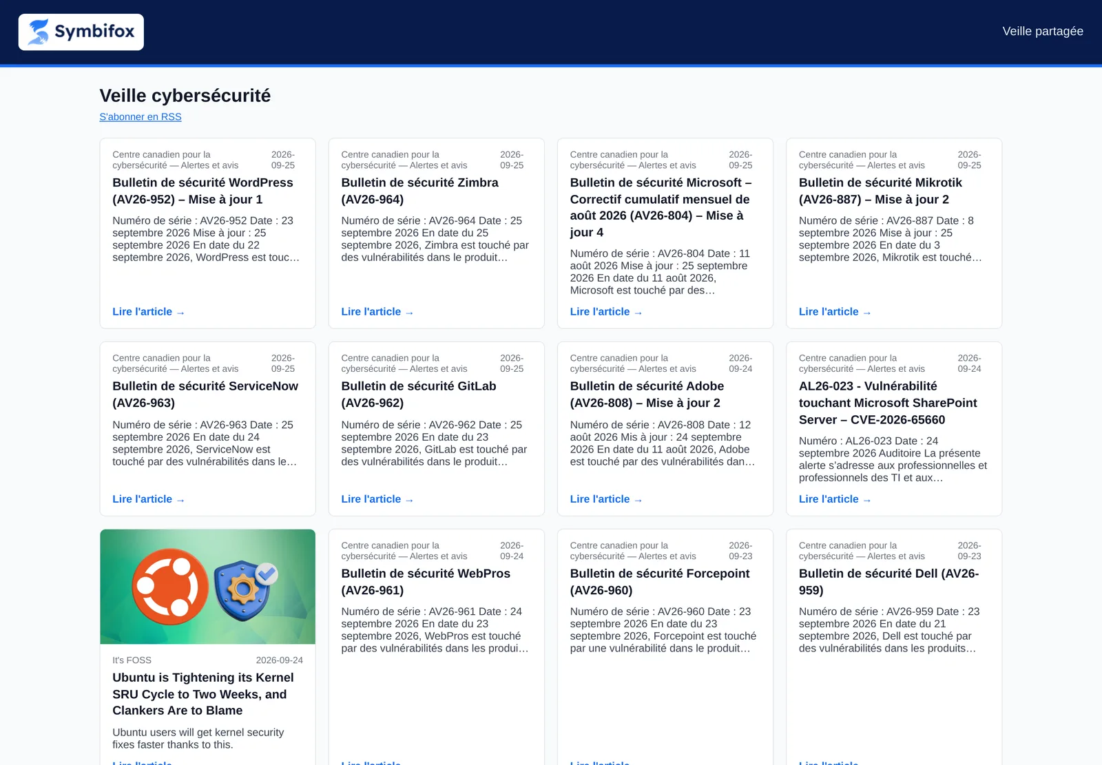 Public page of the shared watch: the Veille cybersécurité list as cards, with source, date, title, summary and a Lire l'article link