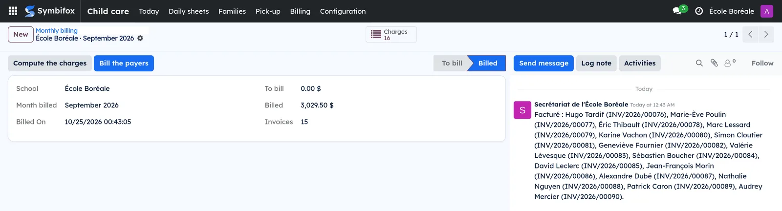 École Boréale's September 2026 billing: billed, $3,029.50 in 15 invoices, and the adults billed listed in the chatter