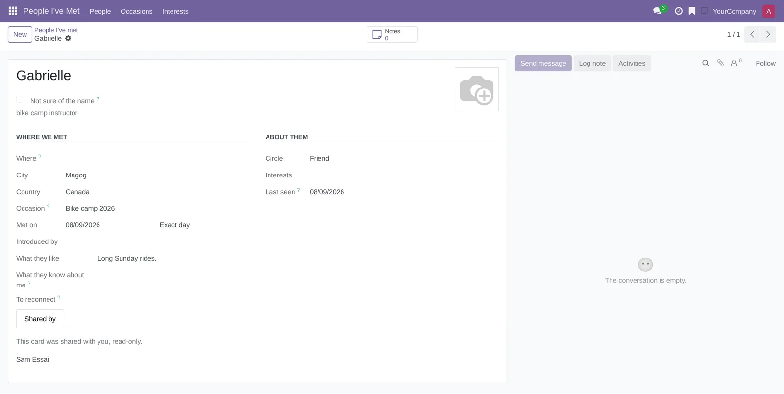 Gabrielle's card seen by another member: read-only fields, Shared by tab naming Sam Essai