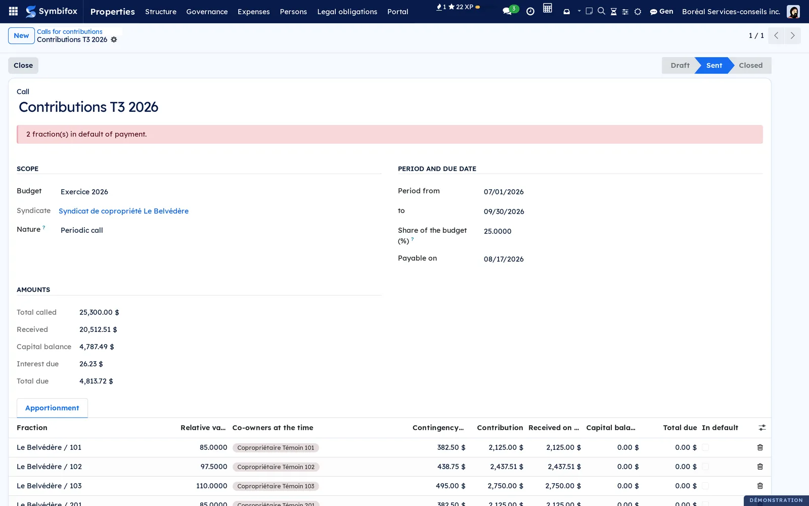 Call Contributions T3 2026 sent: $25,300 called, two fractions in default, and the apportionment by fraction with the contingency fund share