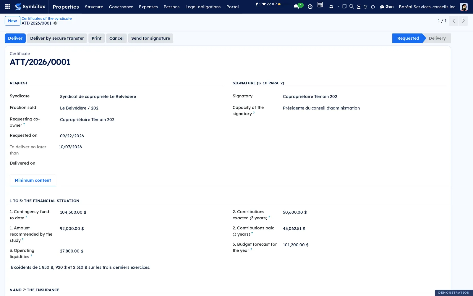 Certificate requested for fraction 202, to deliver by October 7, with the delivery, secure transfer and signature buttons