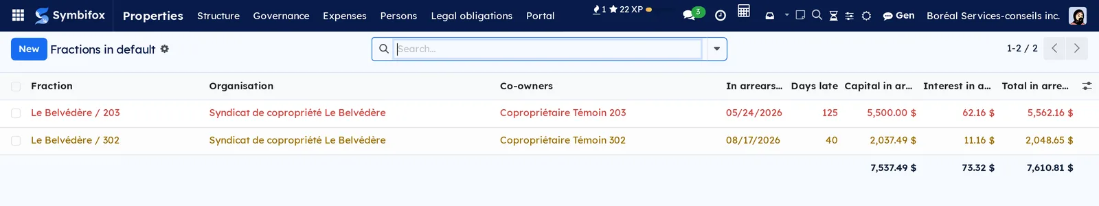 Two fractions in default at Le Belvédère: 203 for 125 days owing $5,562.16, and 302 for 40 days owing $2,048.65