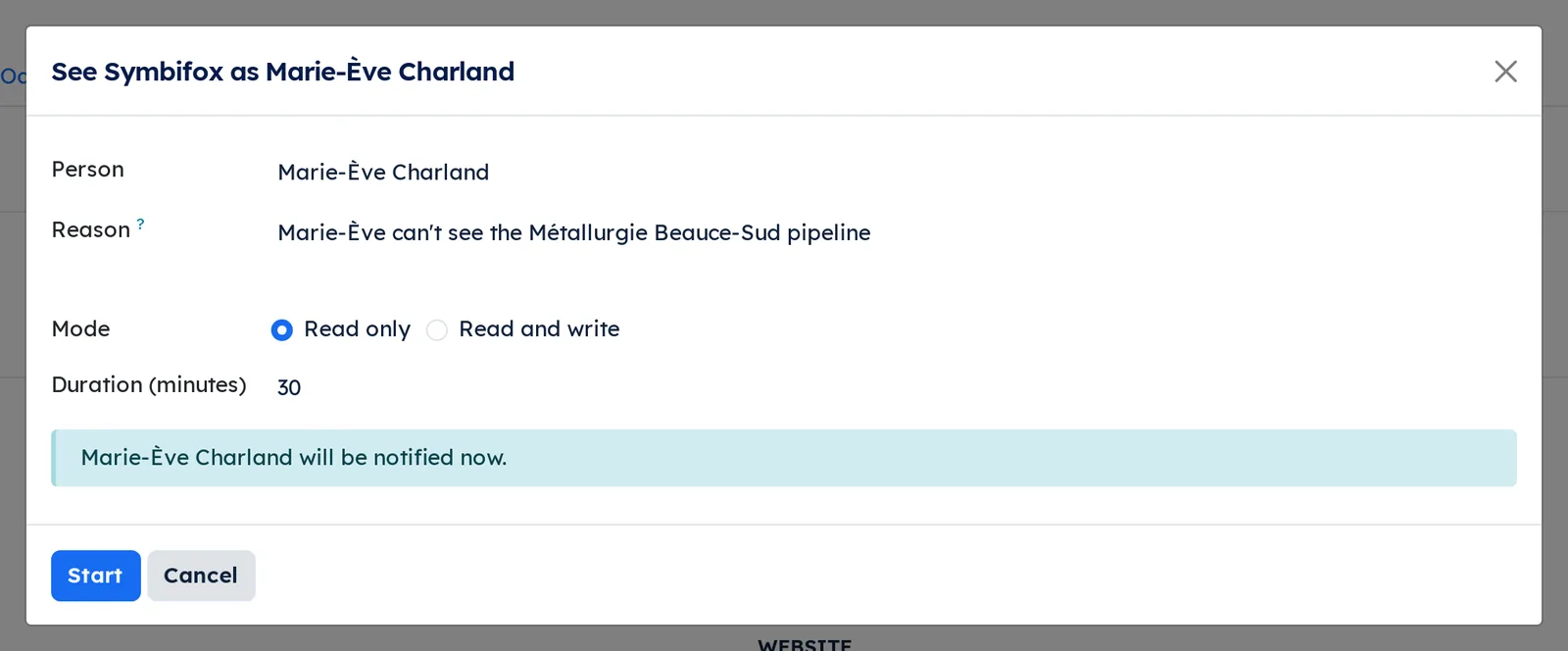 See Symbifox as Marie-Ève Charland dialog, with the person, the reason, the mode, the duration and the notice line