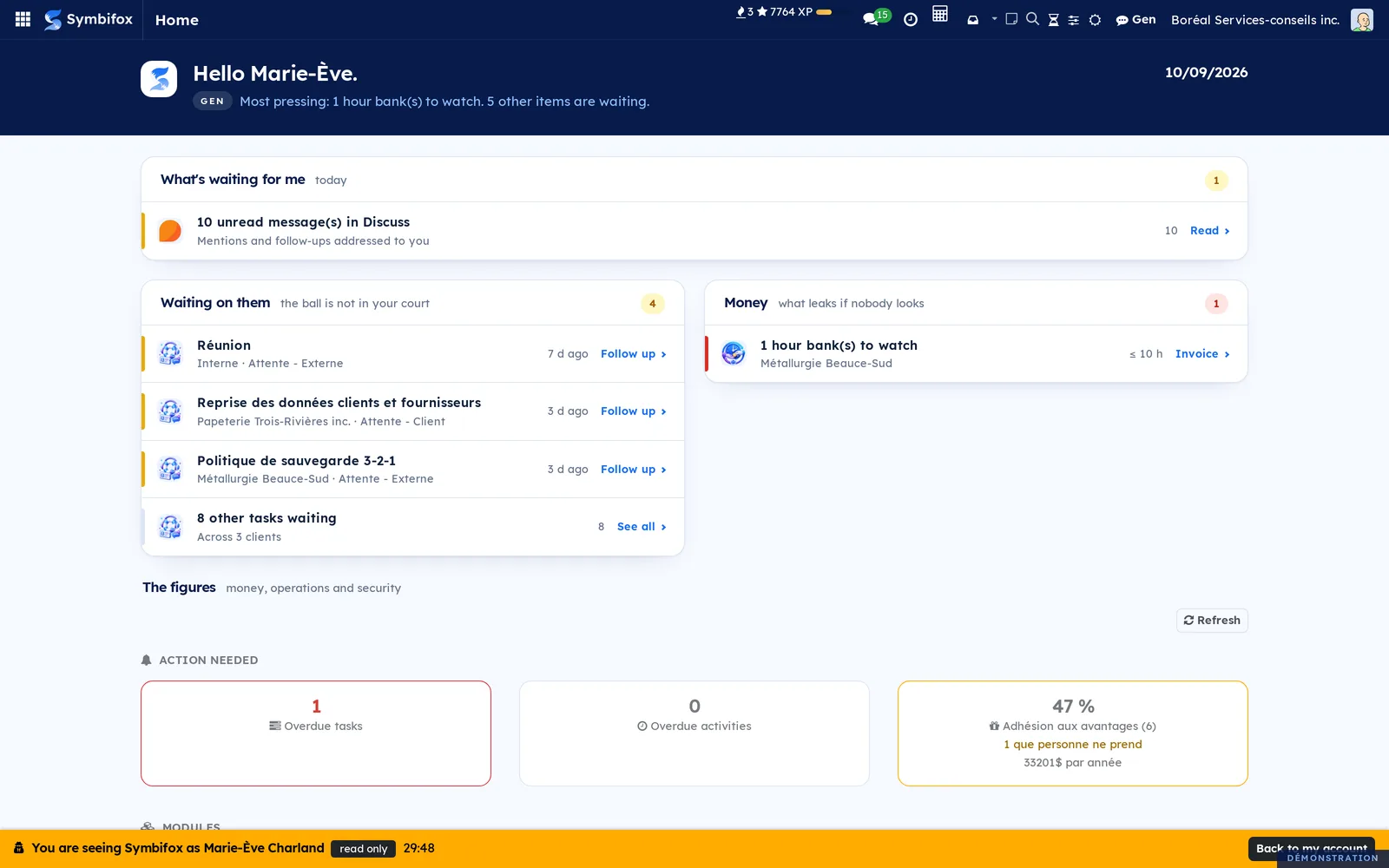 Marie-Ève Charland's home page seen by someone else, with the orange impersonation bar at the bottom of the screen