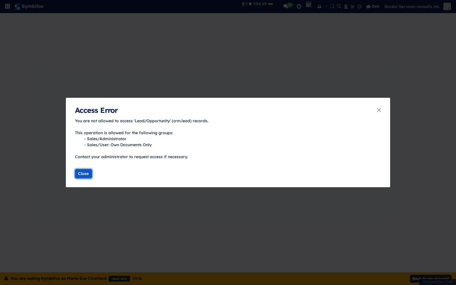 Access error seen as Marie-Ève: leads and opportunities require a Sales right she doesn't have