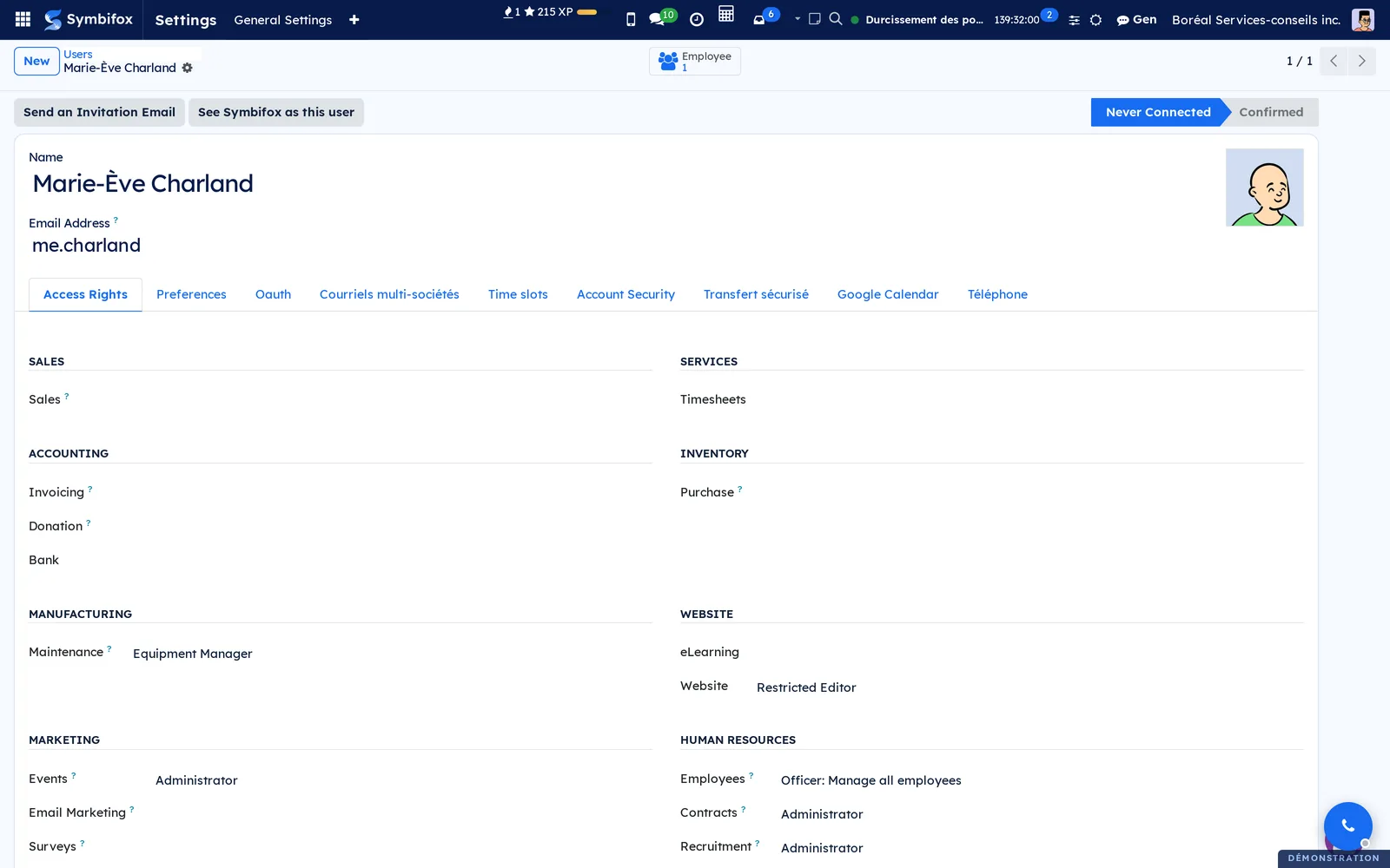 Marie-Ève Charland's user record, with the See Symbifox as this user button at the top of the form