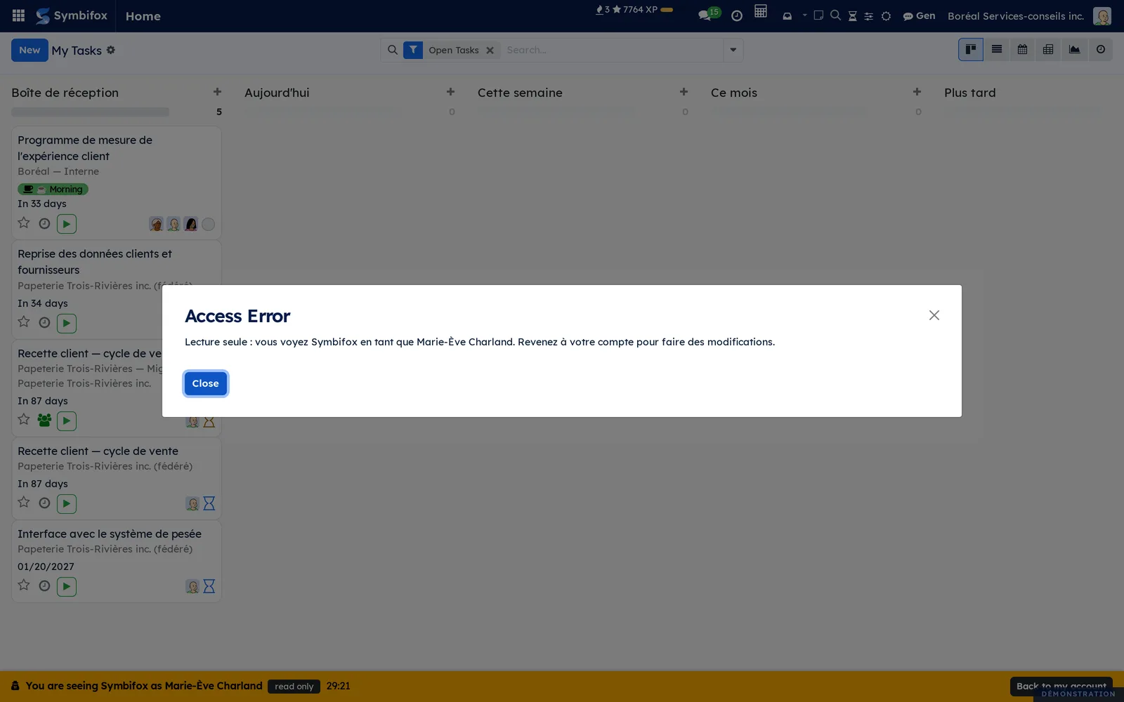Read-only refusal over Marie-Ève Charland's tasks, after a click on the priority star; the message comes in her language