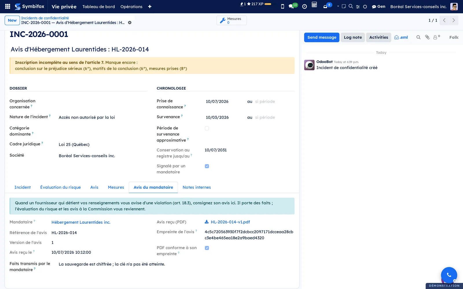 Avis du mandataire tab of INC-2026-0001: Hébergement Laurentides inc., reference HL-2026-014, PDF received, fingerprint and the conformity box checked