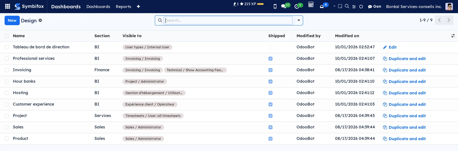 Design list: nine dashboards, their sections and groups, the Shipped box, and the Edit or Duplicate and edit buttons