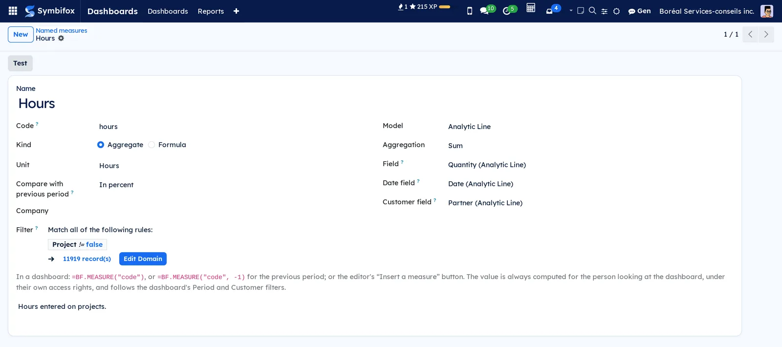 Hours measure form: aggregate over the analytic line, sum of the quantity, date and customer fields, a Project filter