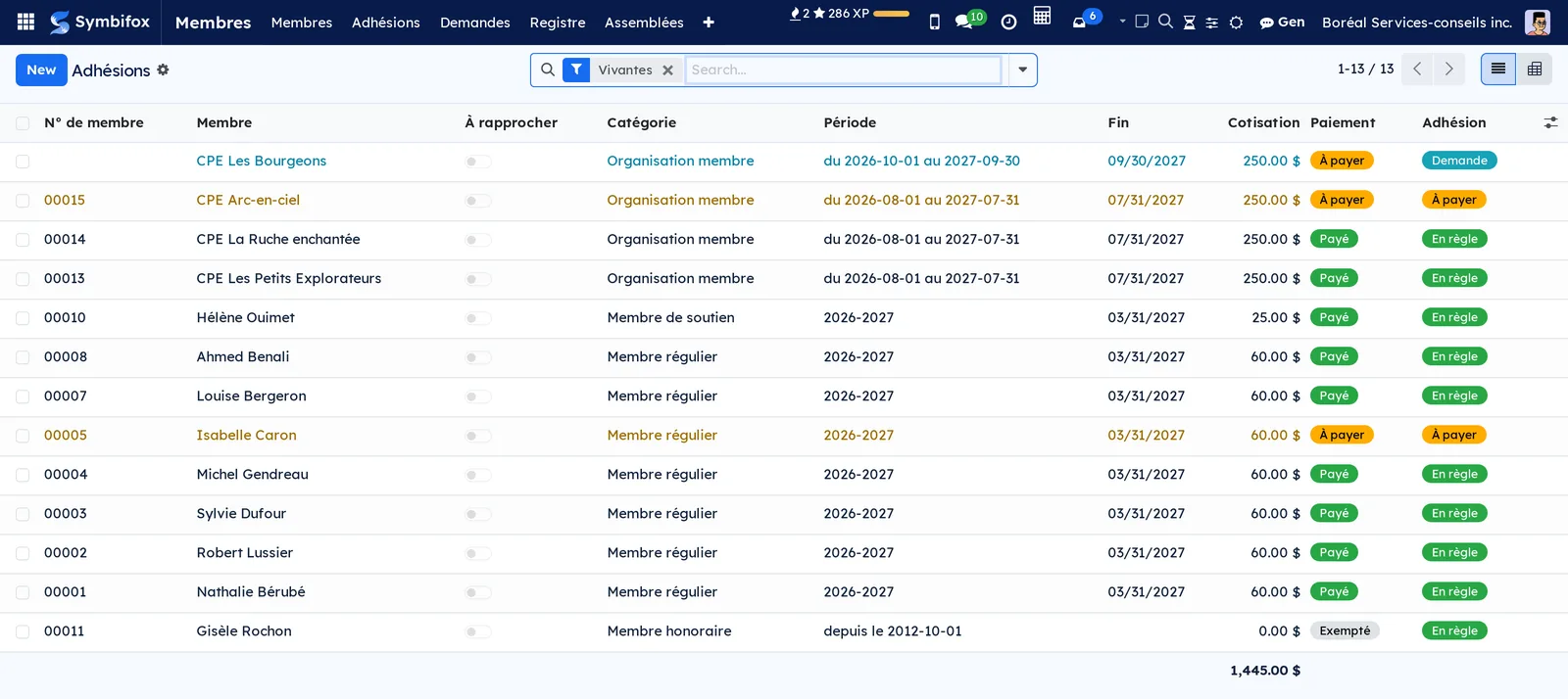 List of live memberships: number, member, category, period, end, fee, payment and membership state