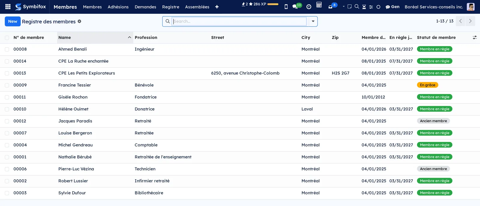 Member register: current and former members, with number, occupation, address, member since and status