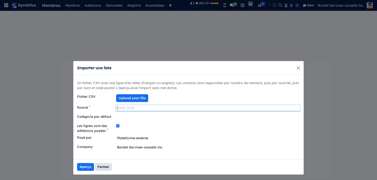 Importer une liste dialog: CSV file, source, default category, paid rows, paid by, and the Aperçu button