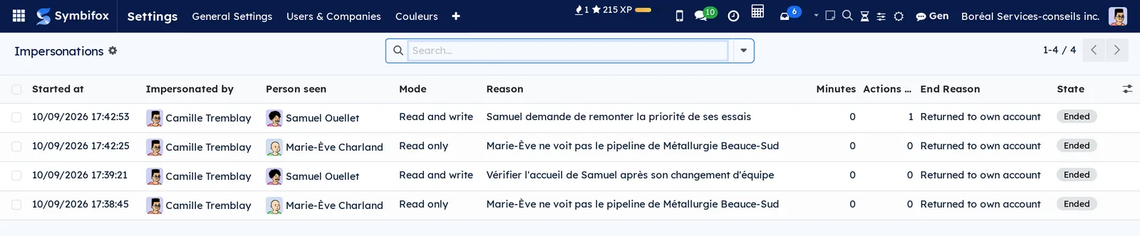 List of impersonations with the start time, who impersonated, the person seen, the mode, the reason, the duration and the end reason