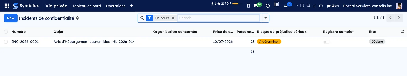 List of confidentiality incidents, En cours filter: INC-2026-0001, 23 persons, risk to be determined, Déclaré state