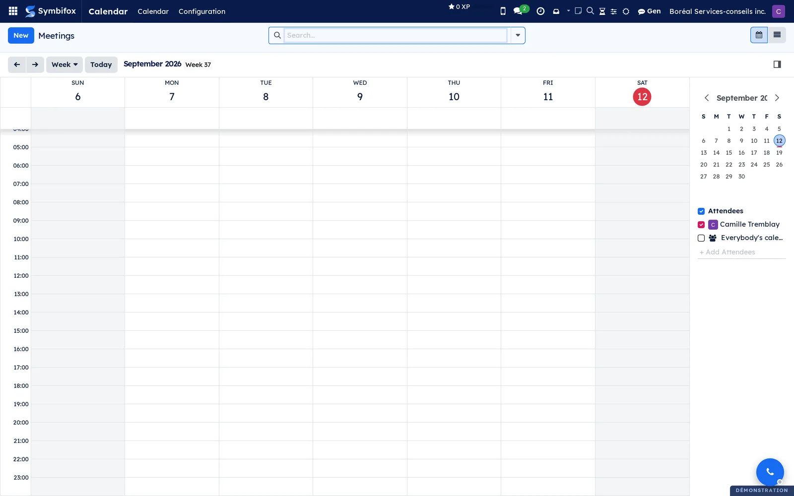 Boréal's calendar in week view: time grid, month mini-calendar and attendee filters in the side panel
