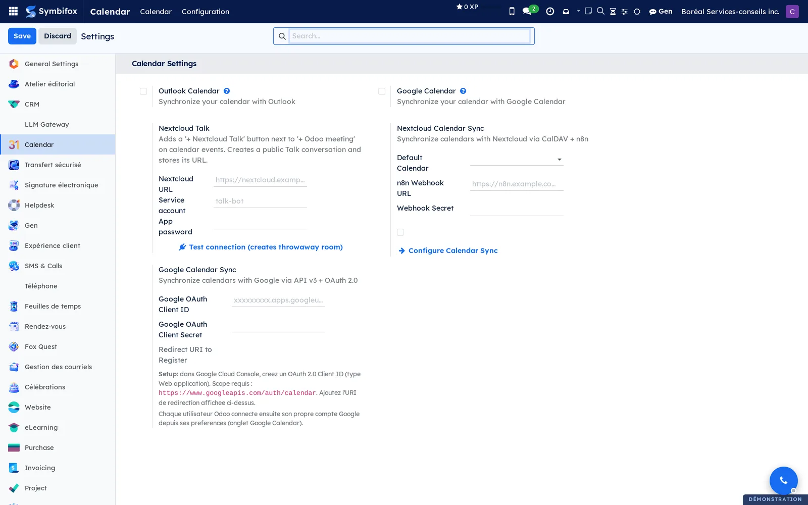 Calendar settings: Outlook, Google Calendar, Nextcloud Talk, Nextcloud Calendar Sync and Google Calendar Sync blocks