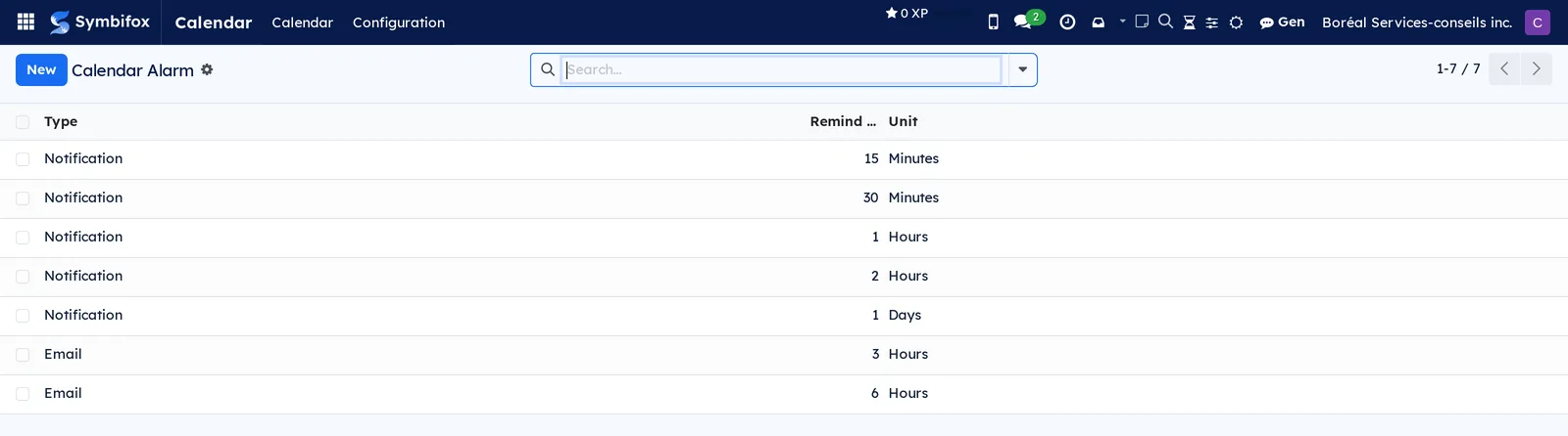 List of calendar reminders: type, delay and unit, with five on-screen notifications and two emails