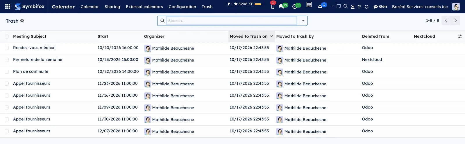 Mathilde Beauchesne's trash: eight meetings, five of them dates of Appel fournisseurs, with the date of the action, its author and the Odoo or Nextcloud origin