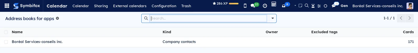 Address books for apps list: the Boréal Services-conseils inc. address book, kind Company contacts, no excluded tag, 171 cards