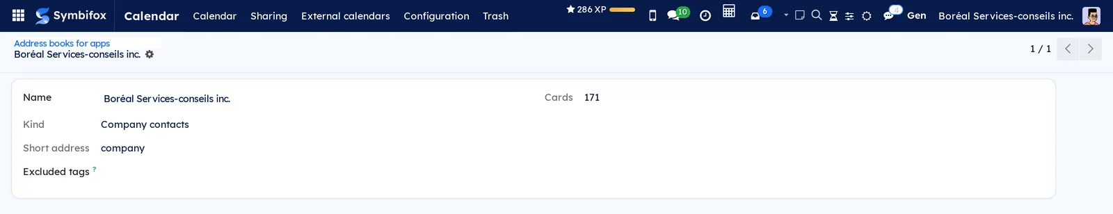 Form of Boréal's company address book: name, kind Company contacts, short address, empty Excluded tags and 171 cards