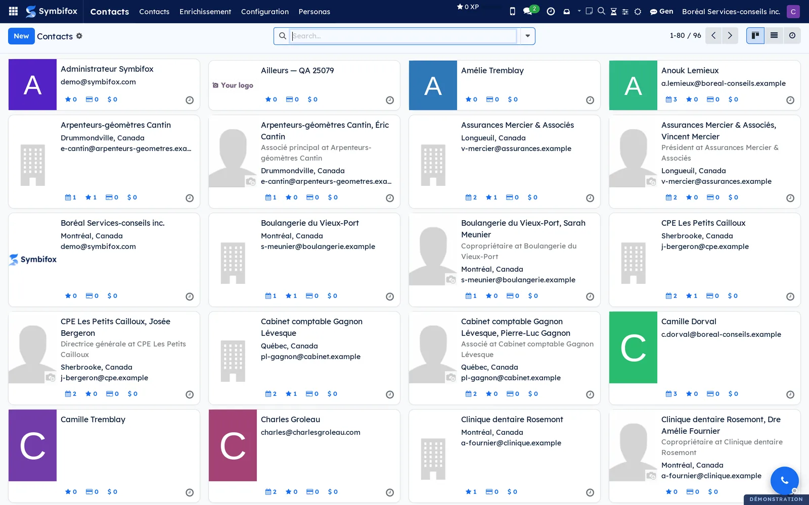 Kanban view of the Contacts application: one card per company or person, with city, email, job position and activity counters