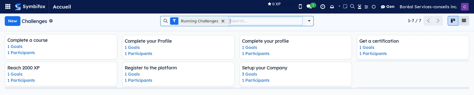 Kanban view of the gamification challenges on the Boréal demo