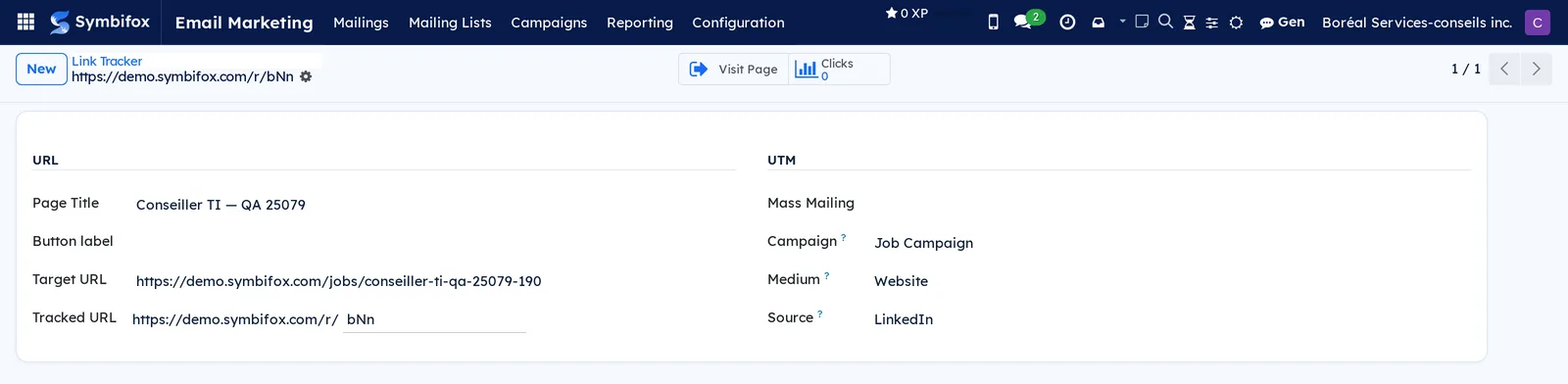 Tracked link form: page title, target URL, shortened link, campaign, medium and source, with the click counter