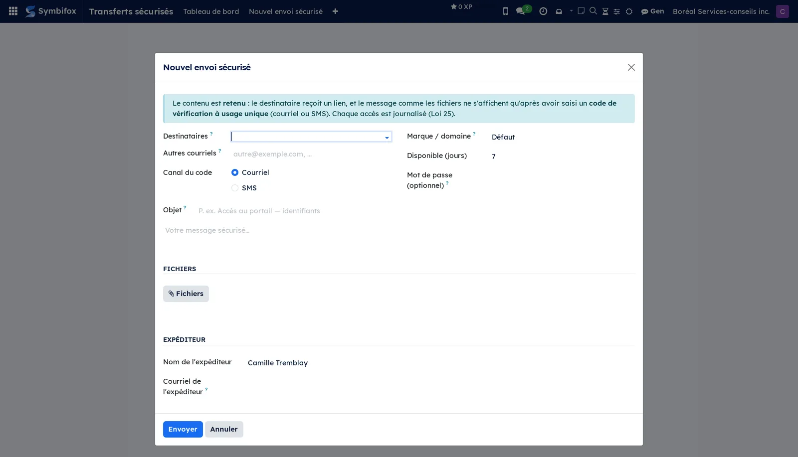 The Nouvel envoi sécurisé dialog: recipients, code channel, subject, message and files
