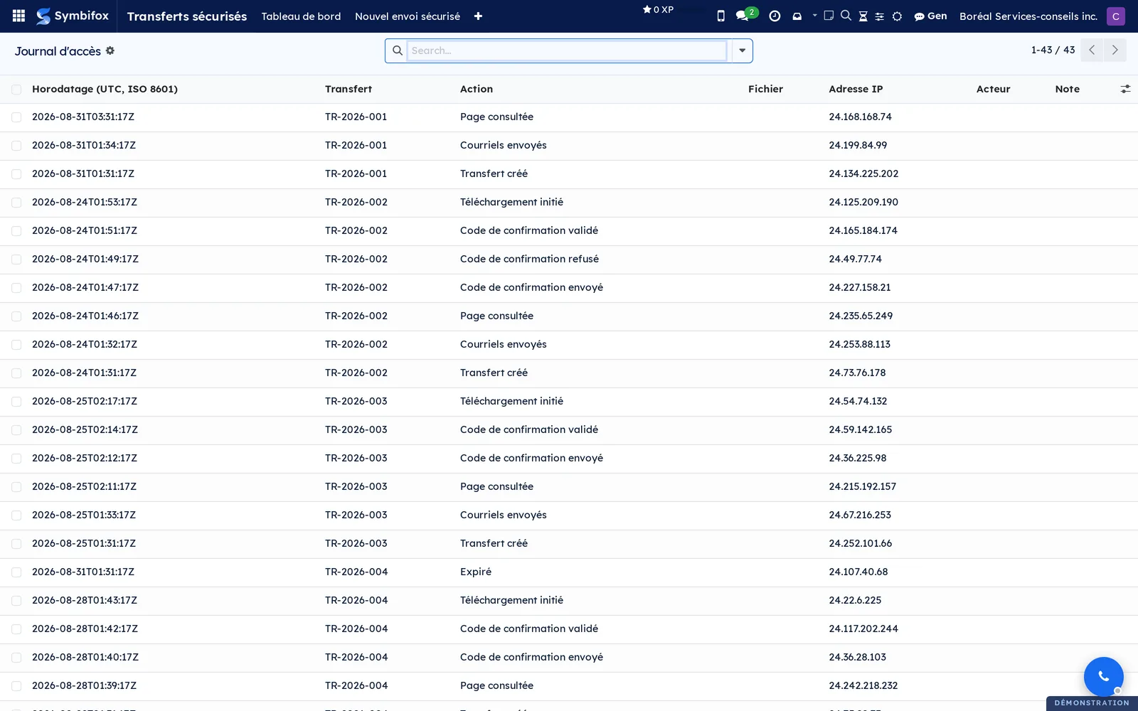 Access log: timestamp, transfer, action and IP address of each event