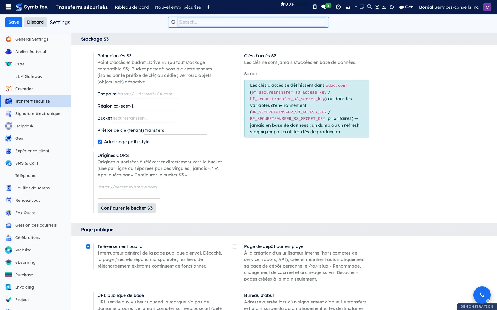 Secure transfer settings: the S3 storage section and the public page section