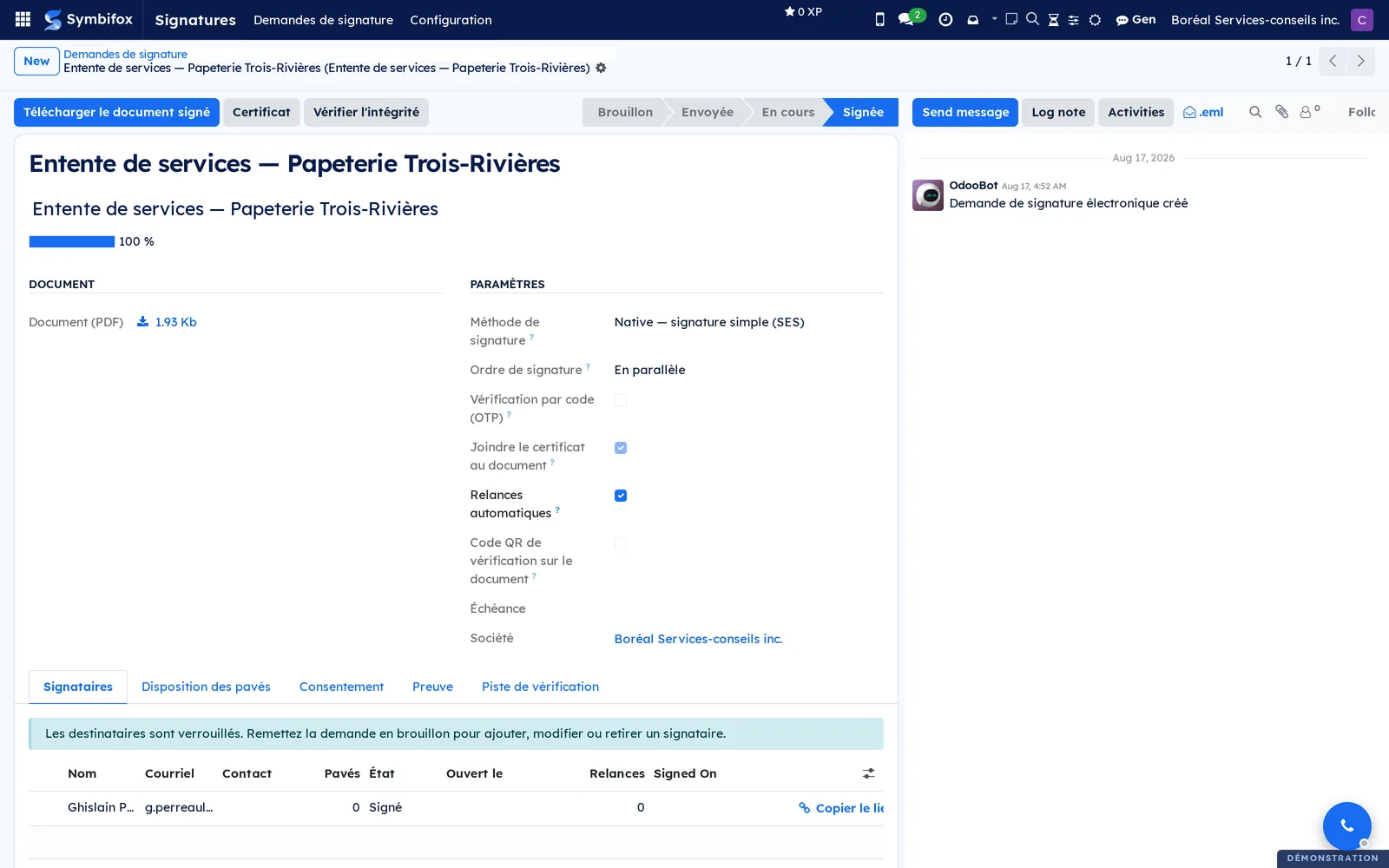 Boréal signature request form, where you add signers, place boxes, send the request and review the evidence