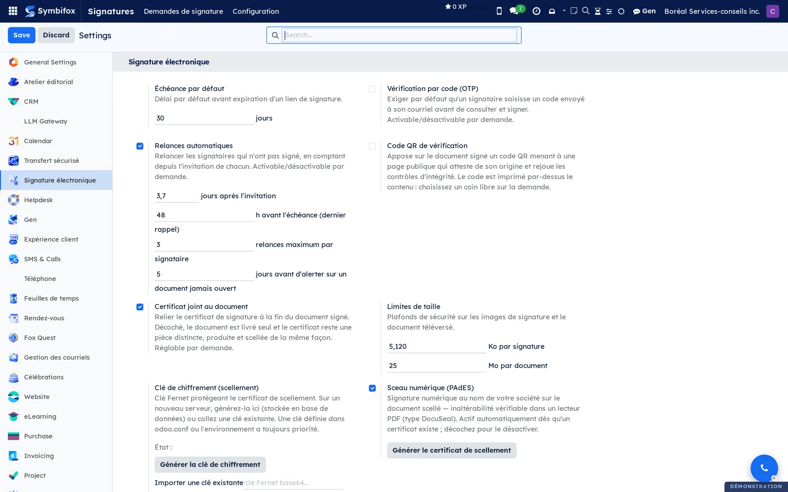 Boréal's Settings page, Signature électronique section: deadline, OTP code, reminders, QR code, attached certificate, size limits, key and seal
