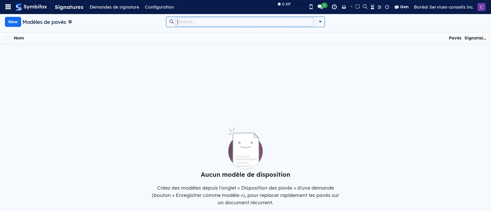 Boréal's empty Modèles de pavés screen, whose help says to create a template from a request's Disposition des pavés tab