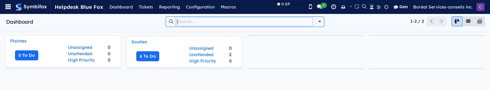 Boréal's Helpdesk dashboard: one card per team, Plaintes and Soutien, with the To Do button and the counters